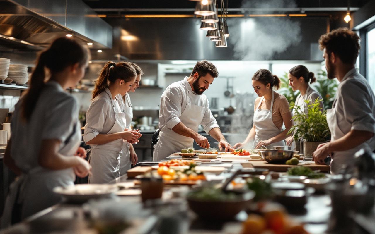 Un chef montre une technique à un groupe de stagiaires en tablier dans une cuisine professionnelle moderne, lumière naturelle douce traversant des fenêtres, plans de travail en inox et planches en bois, ambiance chaleureuse et concentrée.