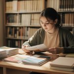 Une lycéenne consulte des brochures d’études supérieures dans une bibliothèque à Lyon, assise à une table en bois et tournant les pages sous une lumière naturelle douce.