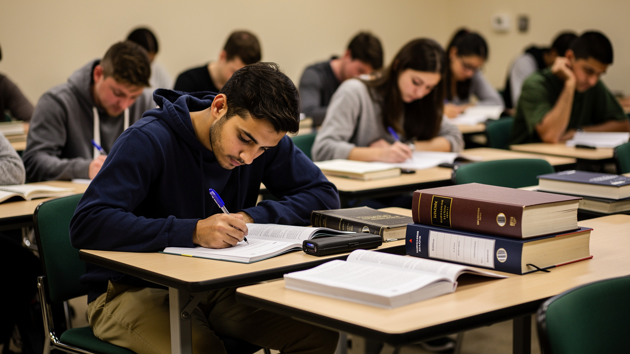 Salle de cours de sciences politiques : des étudiants prennent des notes sur leurs cahiers, avec des livres et documents ouverts, ambiance d’étude réaliste et chaleureuse.