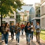 Des étudiants marchent sur un campus universitaire lyonnais, lumière naturelle du matin, bâtiments en pierre et en verre, ambiance studieuse et calme.
