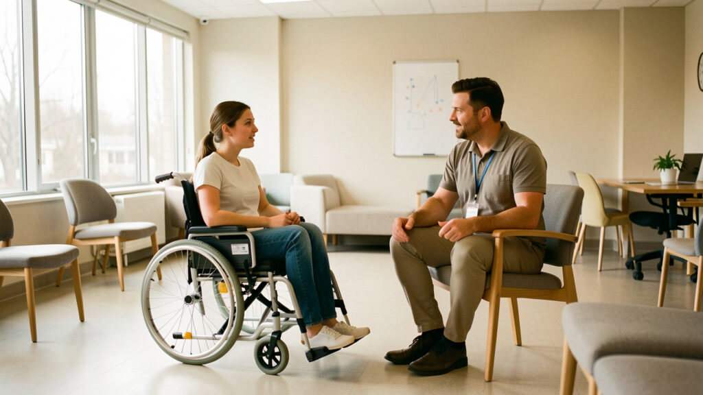 Une jeune femme en fauteuil roulant échange avec un référent handicap dans une salle de formation lumineuse, moderne et accessible.