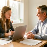 Jeune alternante échangeant avec son tuteur dans un bureau lumineux, avec un ordinateur et des documents de formation vierges sur la table.